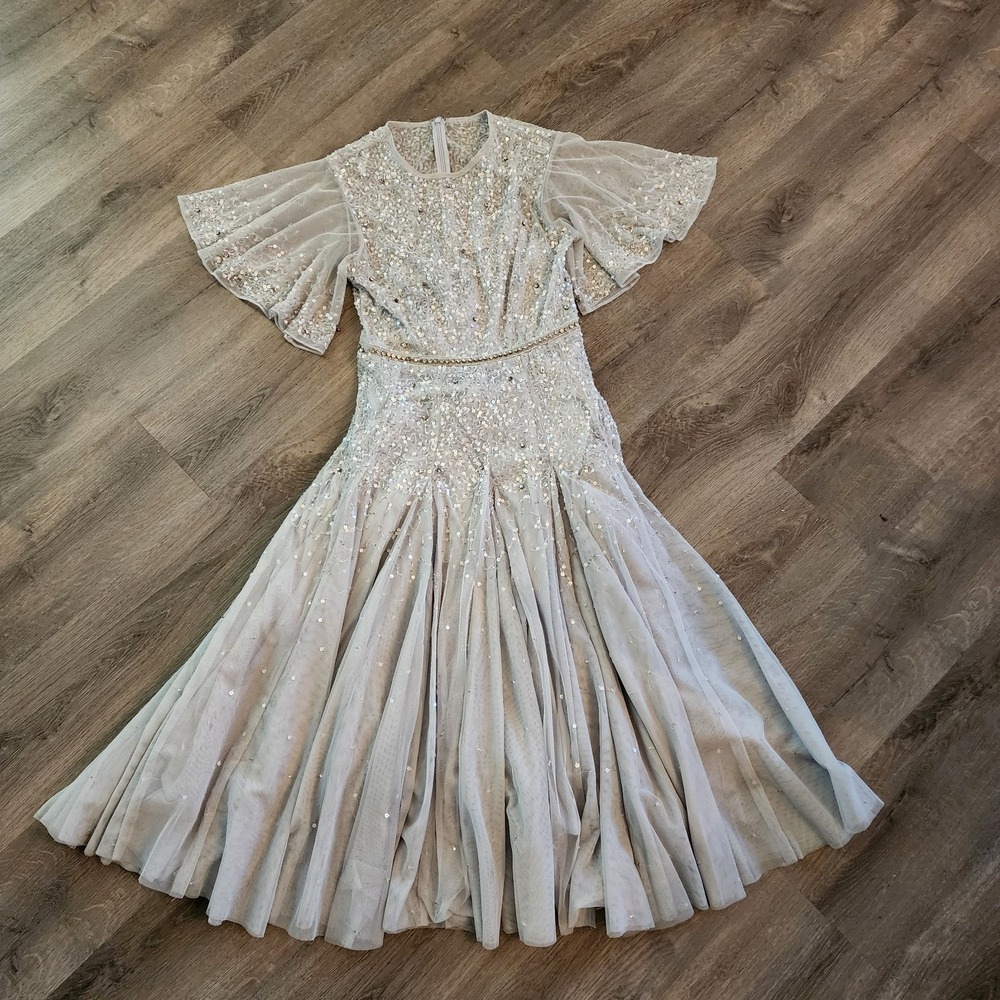 Mac Duggal Cape Sleeve Beaded Midi Dress Powder Blue Silver Ethereal Glam 6 $598 - Picture 12 of 16